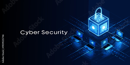 Cyber security concept with a padlock and interconnected digital devices