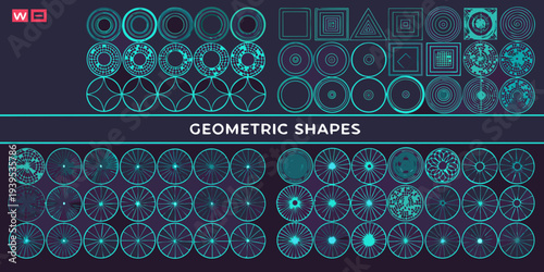 Collection of vibrant teal geometric shapes and patterns arranged in rows