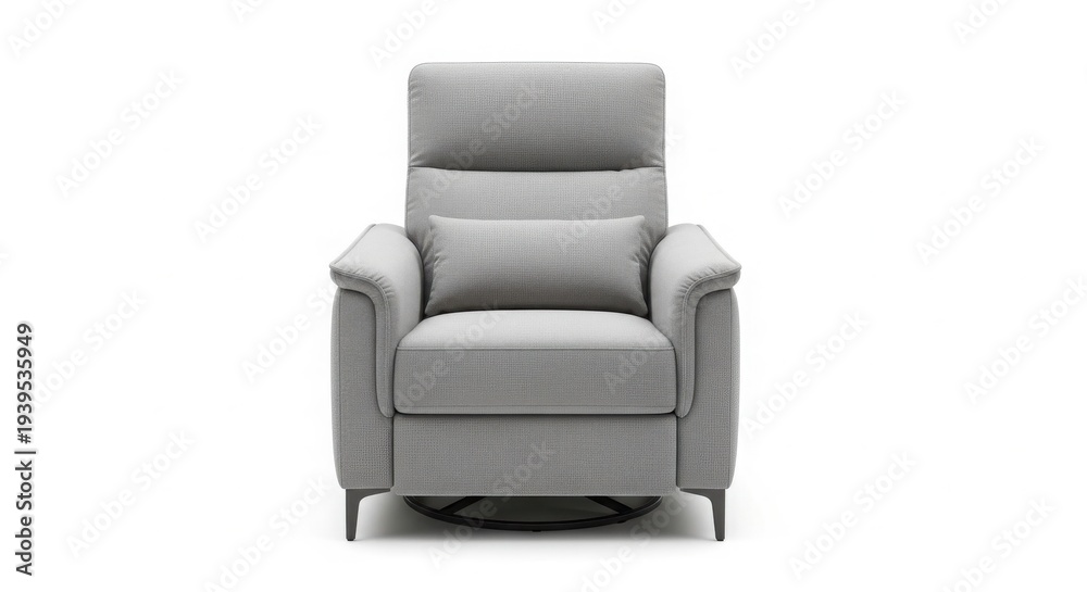 Fototapeta premium Modern Gray Minimalist Fabric Recliner Armchair with Lumbar Pillow Product Shot isolated on White Background