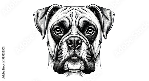 Boxer Dog Portrait, Detailed Black and White Ink Sketch, Expressive Eyes
