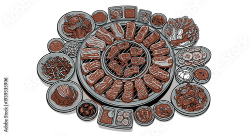 Assorted meat dishes arranged on a decorative platter.