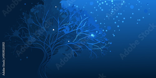A silhouetted tree with glowing lights against a deep blue background