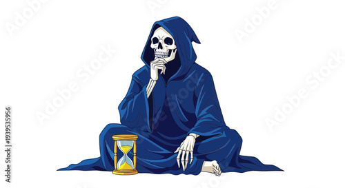 Grim Reaper in Blue Robe Meditating with Hourglass, Contemplating Time