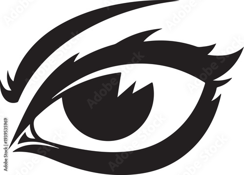 Stylized illustration of a human eye with dramatic eyelashes and curved lines