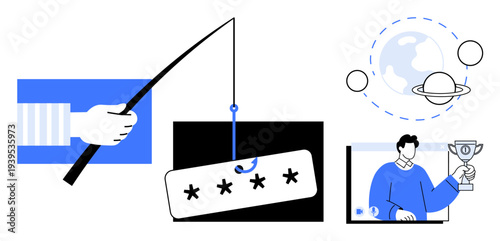 Phishing attempt with password, digital award for online recognition, and global internet connection concepts. Ideal for cybersecurity, privacy, online fraud prevention, digital identity, data