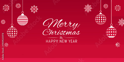 Festive red background with christmas ornaments and holiday greetings