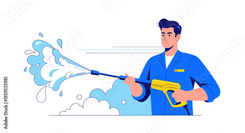 Man using high-pressure washer for cleaning, illustration, water spray, service