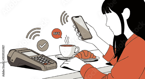Woman uses smartphone with coffee croissant and payment terminal nearby