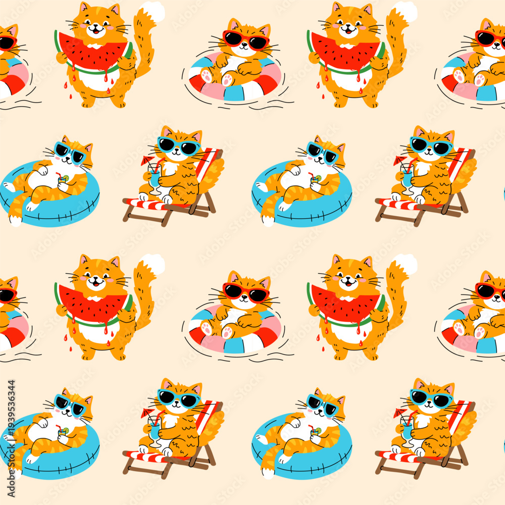 Obraz premium Cute Summer Cats Pattern with Sunglasses, Watermelons, and Pool Floats