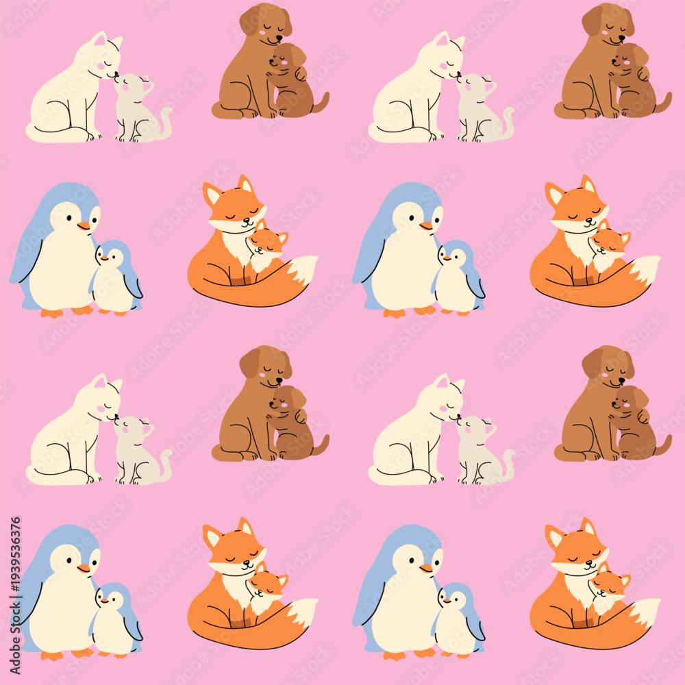 Obraz premium Cute Animal Family Pattern with Cats, Dogs, Foxes, and Penguins