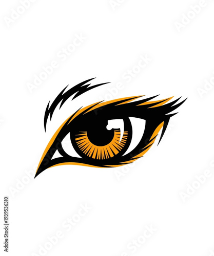 Vibrant vector illustration of a stylized eye with fiery orange and black colors, depicting intense focus and fierce determination.