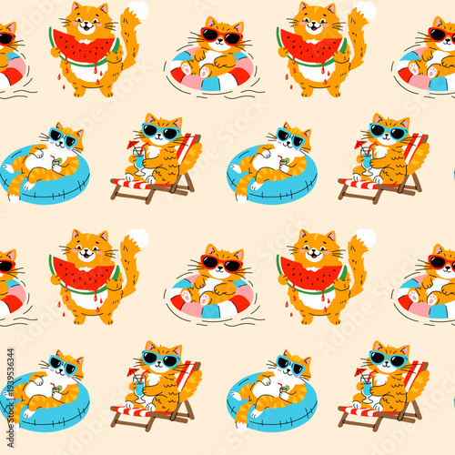 Cute Summer Cats Pattern with Sunglasses, Watermelons, and Pool Floats