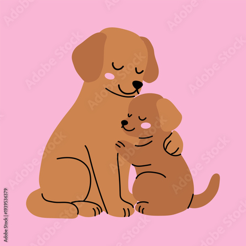 Adorable Dog and Puppy Embracing on Pink Background