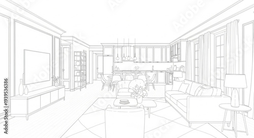 Minimalist Line Drawing of Modern Living Room Interior.