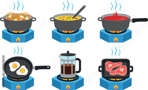 Cooking food preparation vector set with soup pot frying pan steak coffee kitchen stove illustration
