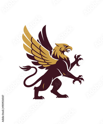 Striking vector graphic illustration of a majestic griffin mascot in maroon and gold colors