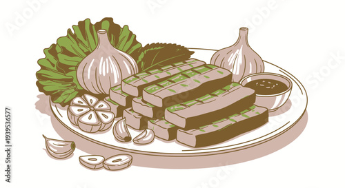 Illustration of tofu dish with garlic and vegetables on a plate.