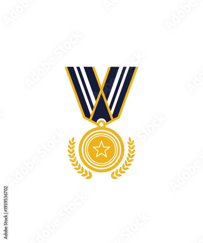 A detailed vector graphic illustration of a gold medal with a prominent star and elegant laurel wreaths hanging from a striped ribbon.