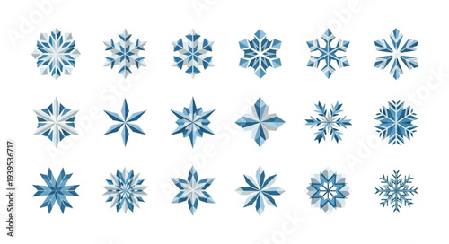 Collection of Various Blue Snowflakes with Unique Designs.