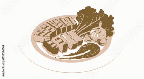 Illustration of grilled meat with vegetables on a plate.