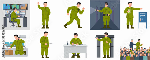 Flat Style Illustration Set of Soldier in Different Actions and Poses
