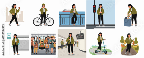 Illustration Collection Woman Activity Commuting and Using Sustainable Transport Various Scene
