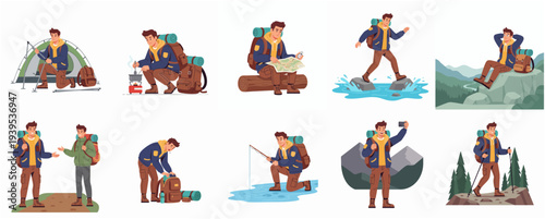 Cartoon Illustration Set of Man Character Doing Different Trekking Activity