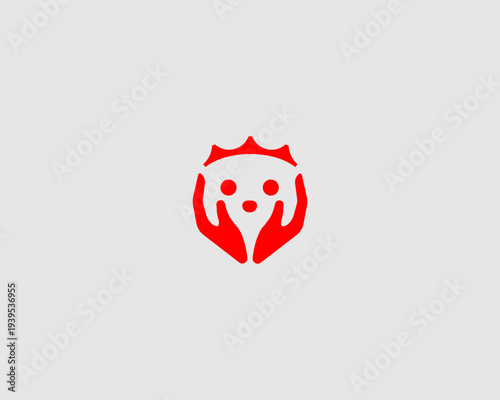 Dog with crown in hands minimalistic logo. Pet care vector logotype for veterinary clinic, animal shelter, grooming salon and pet protection organizations.