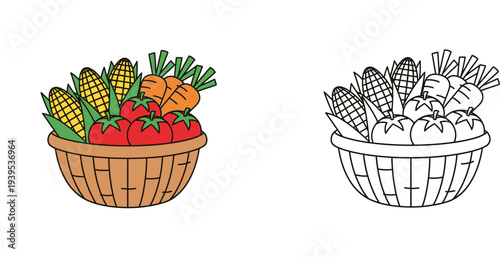 Vector Illustration of a Vegetable Basket with Corn Tomatoes and Carrots for Children Coloring Activity and Fresh Harvest Market Design Isolated on White Background