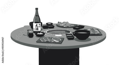 Japanese Sake Dinner Setting on Round Table.