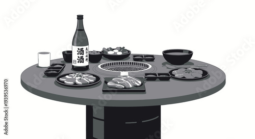 Japanese Sake Dinner Table Setting with Sushi and Bowls.