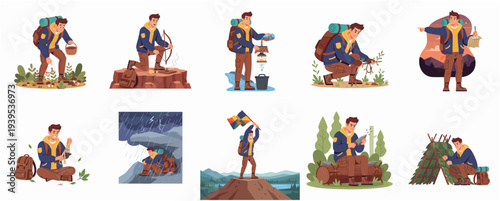 Flat Illustration Set of Man Activities in Outdoor Adventure and Exploration