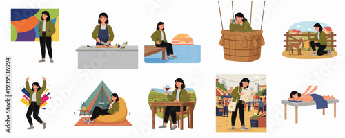Illustrated Flat Woman Character Lifestyle Activities Set and Various Outdoor Activities