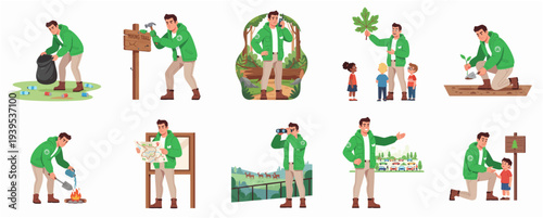 Flat Detailed Set of Park Ranger Character in Different Activities Illustration