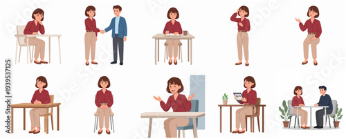 Flat Illustration Set of Business Woman in Different Poses and Actions