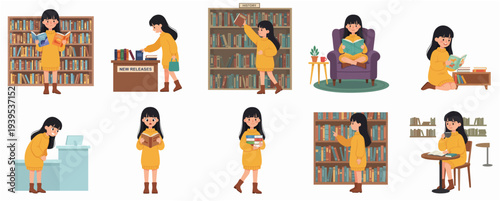 Flat Illustration Young Woman in Library Various Actions Set