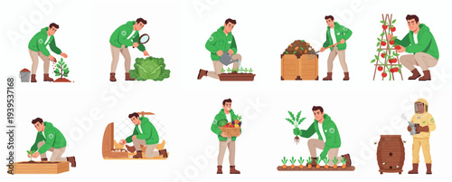 Flat Illustration Farmer Growing Variety of Plants for Garden Harvest Activity