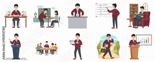 Illustrated Diverse University Student Character Set in Various Study and Activity Scenes
