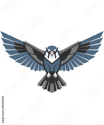 Fierce blue and gray raptor bird with wide wingspan vector illustration design element