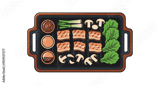 Assorted grilled food on a baking tray with vegetables and sauces.