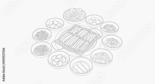 Assorted dishes and food items in a minimalist line art style.