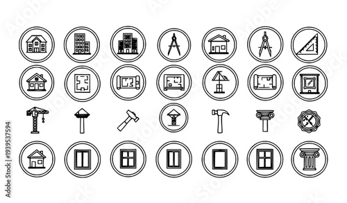 Architecture and construction outline icons in circular frames with house building design symbols