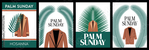 Palm Sunday Christian Poster Set with Palm Leaves and Cloaks Illustration