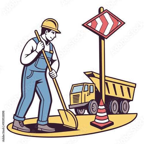 A construction worker, shovel in hand, stands beside road signs with a truck. capturing the essence of labor, industry, and craftsmanship.