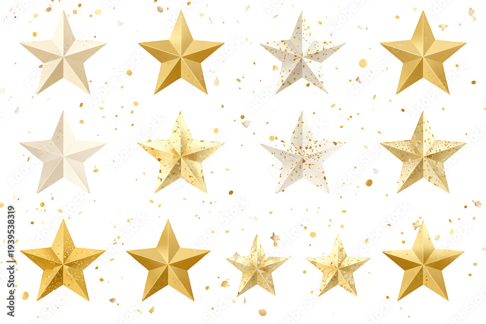 Obraz premium Gold and white shiny stars with falling glitter, 3d render illustrating success, achievement, reward, and premium decoration on transparent background