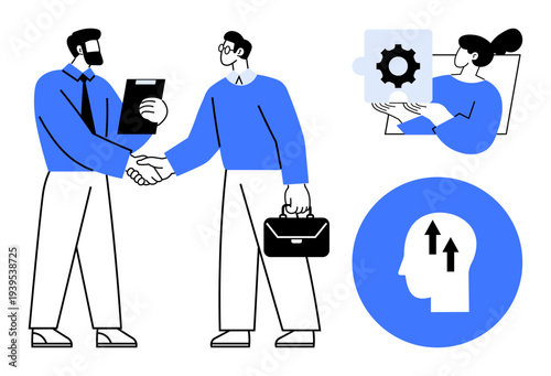 Teamwork concept. Teamwork highlighted using a business handshake, collaborative tools, and problem-solving icons. Teamwork fosters productivity and cooperation for business success. Use