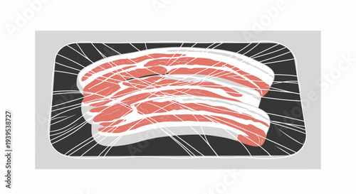 Illustration of raw bacon slices on a black background with white streaks.