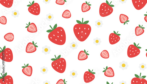 Sweet strawberry seamless pattern with white daisy flowers on transparent background healthy food vector design.