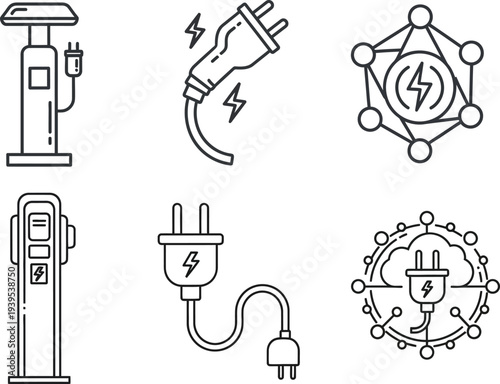 Set of vector line art icons illustrating electric vehicle charging stations, power plugs, and energy grid symbols, perfect for clean energy and sustainable mobility designs