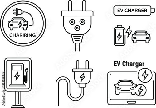 Vector Icons for Electric Vehicle Charging. A diverse set illustrating EV stations, power plugs, and cars, symbolizing sustainable energy and modern green mobility